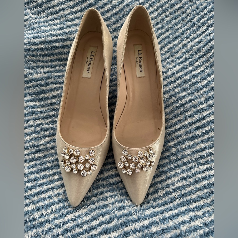 LK Bennet. Very lightly worn. Light gold shimmer low heels.